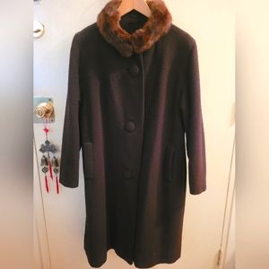 50s Vintage Fur Collar Brown Wool Coat
